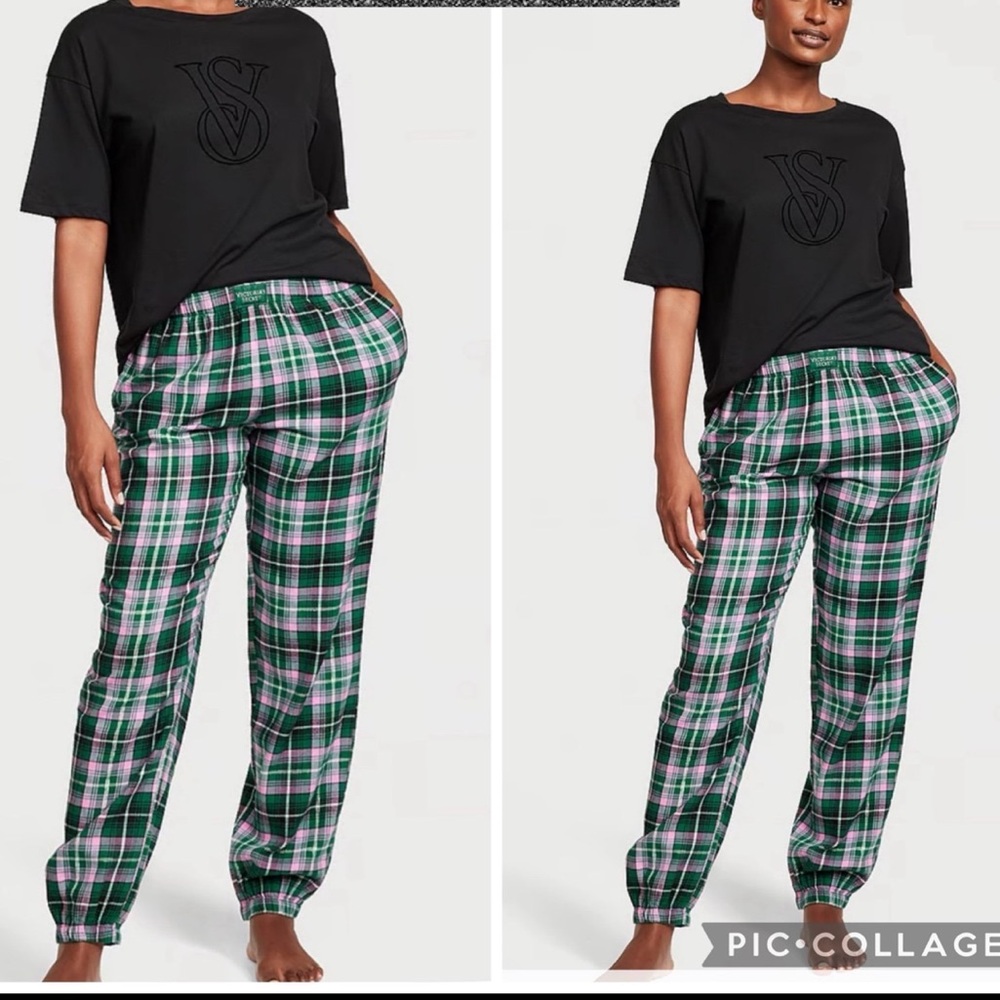 Victoria’s Secret flannel jogger tee pj set m Black pink green buffalo check